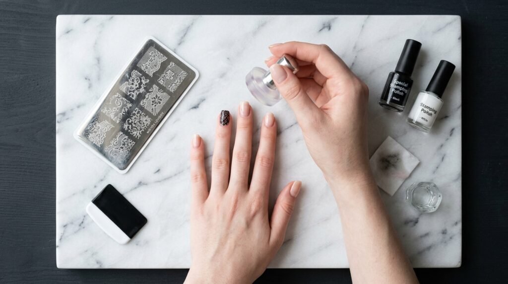 DIY nail stamping process showing clear stamper transferring black lace art onto a white skin female hand.