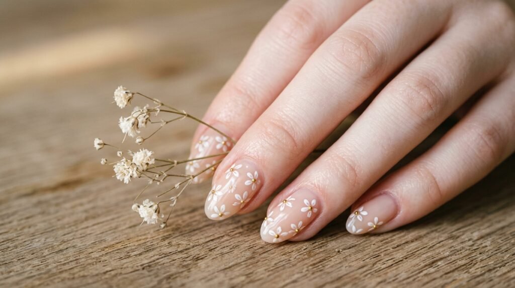 Close-up of ring and pinky finger with very white skin featuring sheer nude almond nails with tiny minimalist white floral outlines and gold bead accents.