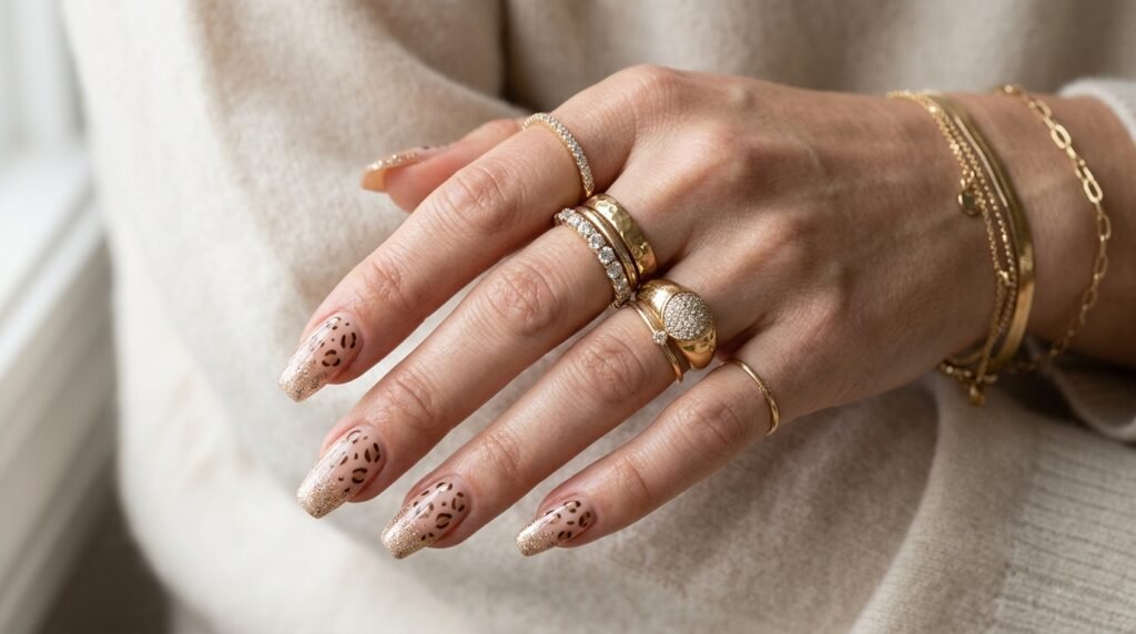 Leopard print coffin nails with gold glitter accents styled with stacked gold rings and a delicate gold bracelet.