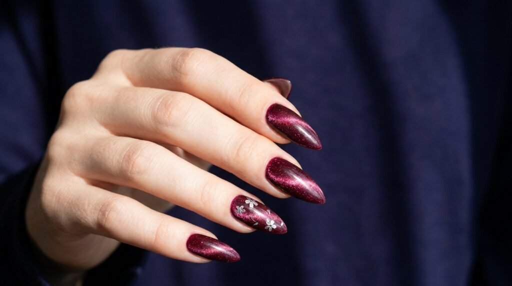 Shimmering magnetic velvet burgundy stiletto nails on an 18-year-old hand with very white skin.