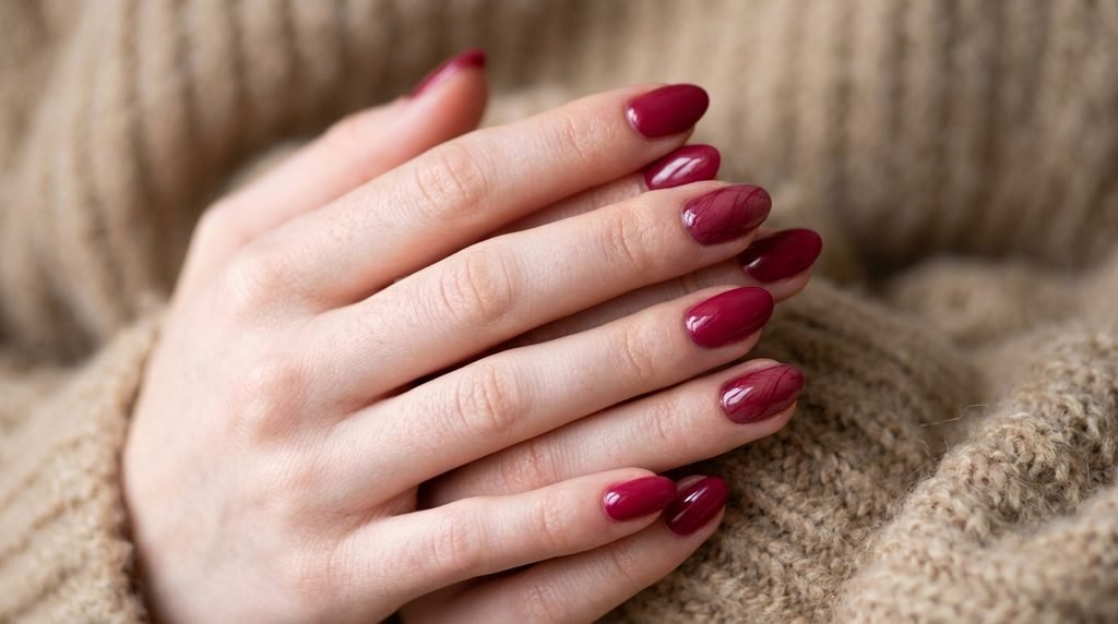 A focused close-up of short almond nails with deep berry base and subtle tonal abstract lines in a slightly darker berry shade, against a blurred warm beige knit background.