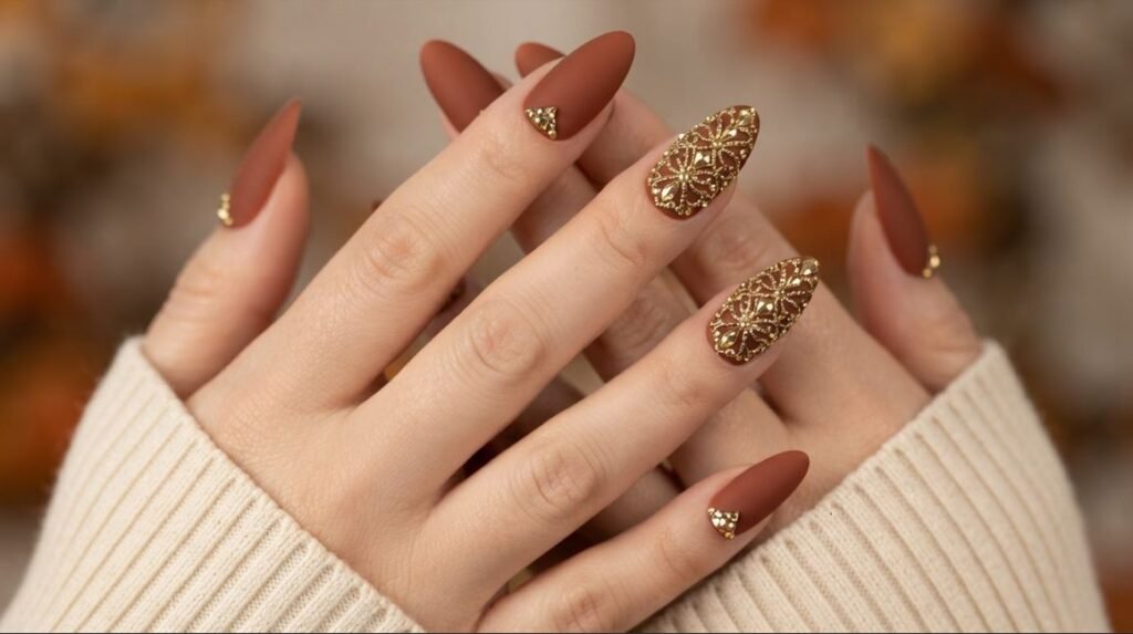 Alternating glossy, matte, chrome, and glitter orange nails on 18-year-old female hand with very white skin.