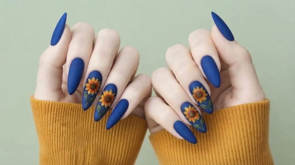 Matte almond nails in deep cobalt blue featuring detailed yellow sunflower nail art on an 18-year-old female hand.