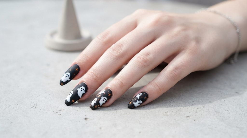 Different  nails painted matte black with small white cartoon ghosts and tiny orange star accents on an 18-year-old female hand with very white skin.