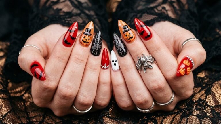 Close-up photograph of an 18-year-old female hand with very white skin showing almond nails decorated with pumpkins, ghosts, spiderwebs, and rhinestones.