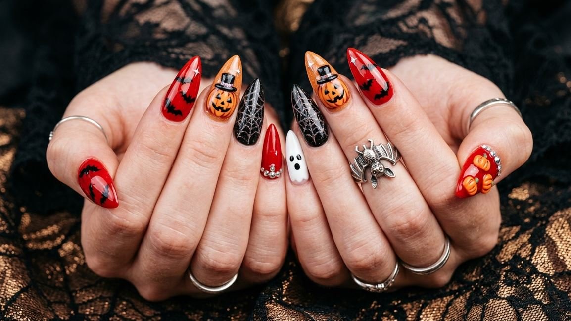 Close-up photograph of an 18-year-old female hand with very white skin showing almond nails decorated with pumpkins, ghosts, spiderwebs, and rhinestones.