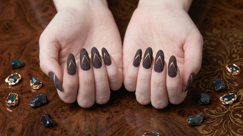 Precise close-up of matte black to burgundy ombré nails with minimalist black geometric line art, on a white female hand 