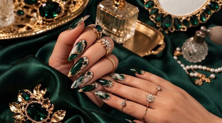 Close up of an eighteen year old female hand with fair skin displaying long emerald green marble stiletto nails with gold foil and crystals over burgundy velvet.