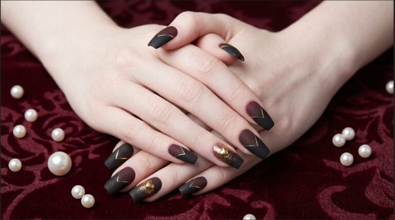 Close-up of matte black to burgundy ombré coffin nails on a white female hand (18), resting on dark velvet.
