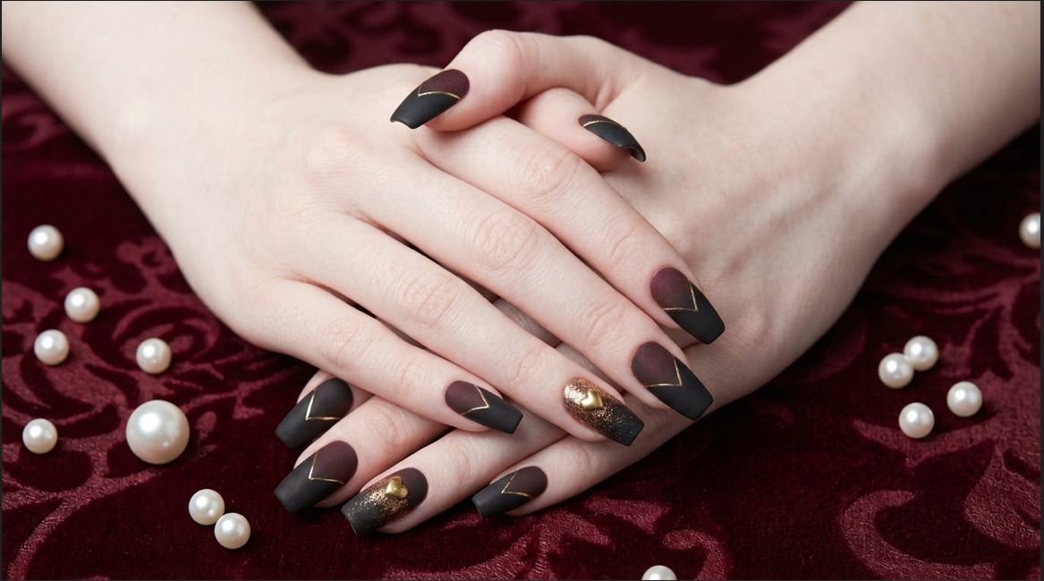 Close-up of matte black to burgundy ombré coffin nails on a white female hand (18), resting on dark velvet.