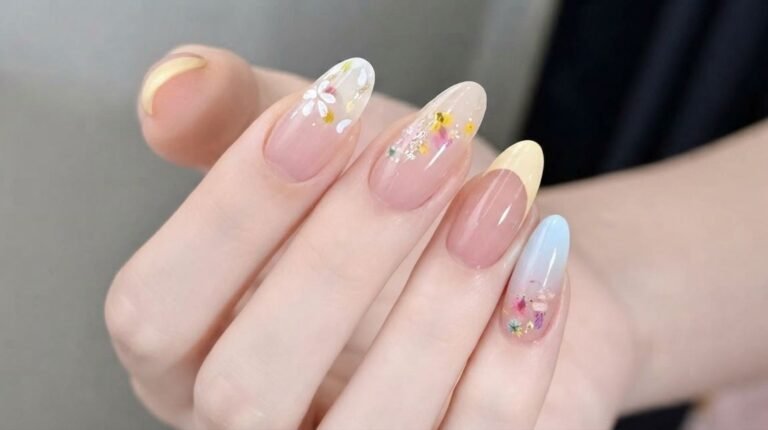 Close-up of an 18-year-old female hand with white skin featuring mismatched pastel French tip almond nails with real pressed flowers.