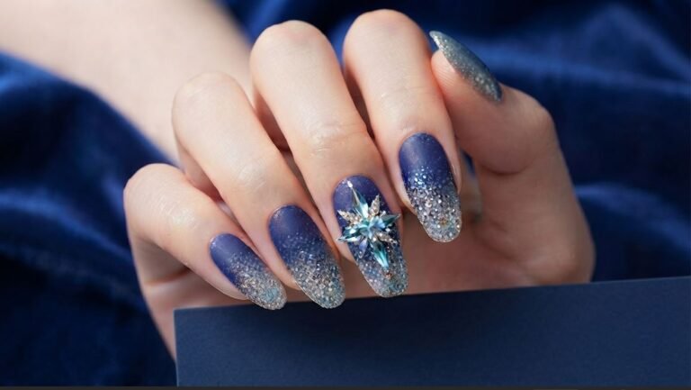 Photorealistic close-up of a female hand with almond blue ombré and crystal snowflake nails against dark velvet.