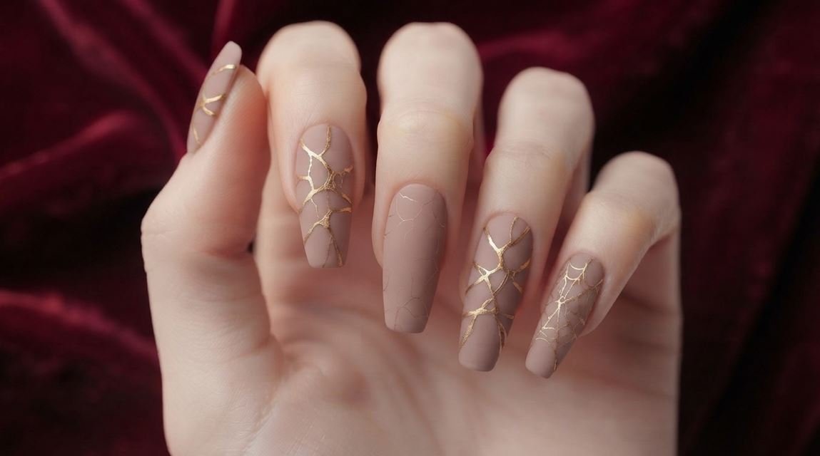 Close up of coffin shaped mocha nude nails with gold leaf foil accents on an 18 year old female hand with very white skin.