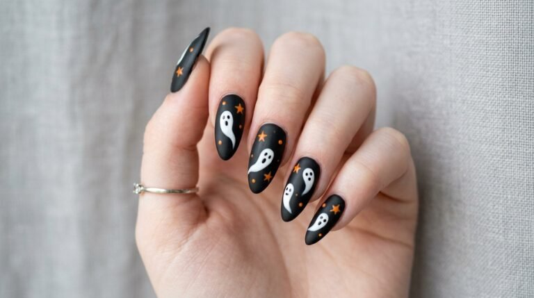 Medium almond nails painted matte black with small white cartoon ghosts and tiny orange star accents on an 18-year-old female hand with very white skin.