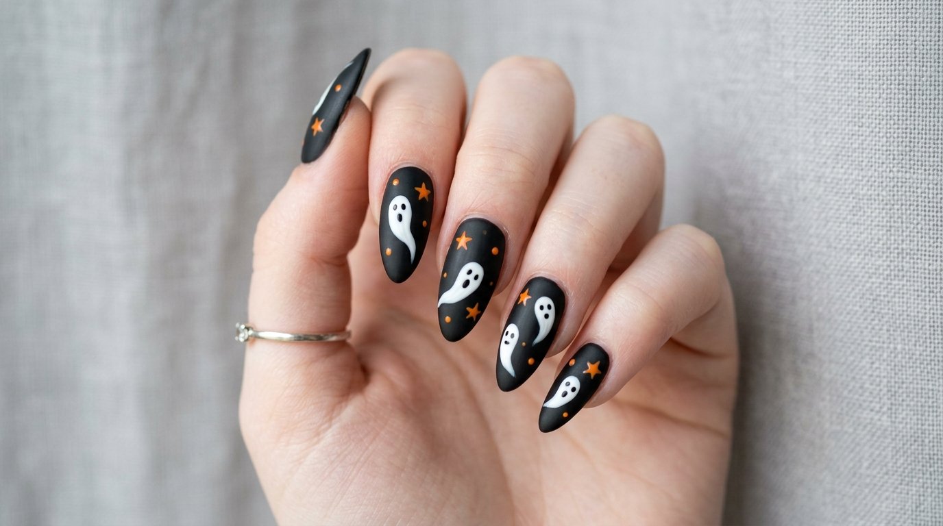 Medium almond nails painted matte black with small white cartoon ghosts and tiny orange star accents on an 18-year-old female hand with very white skin.