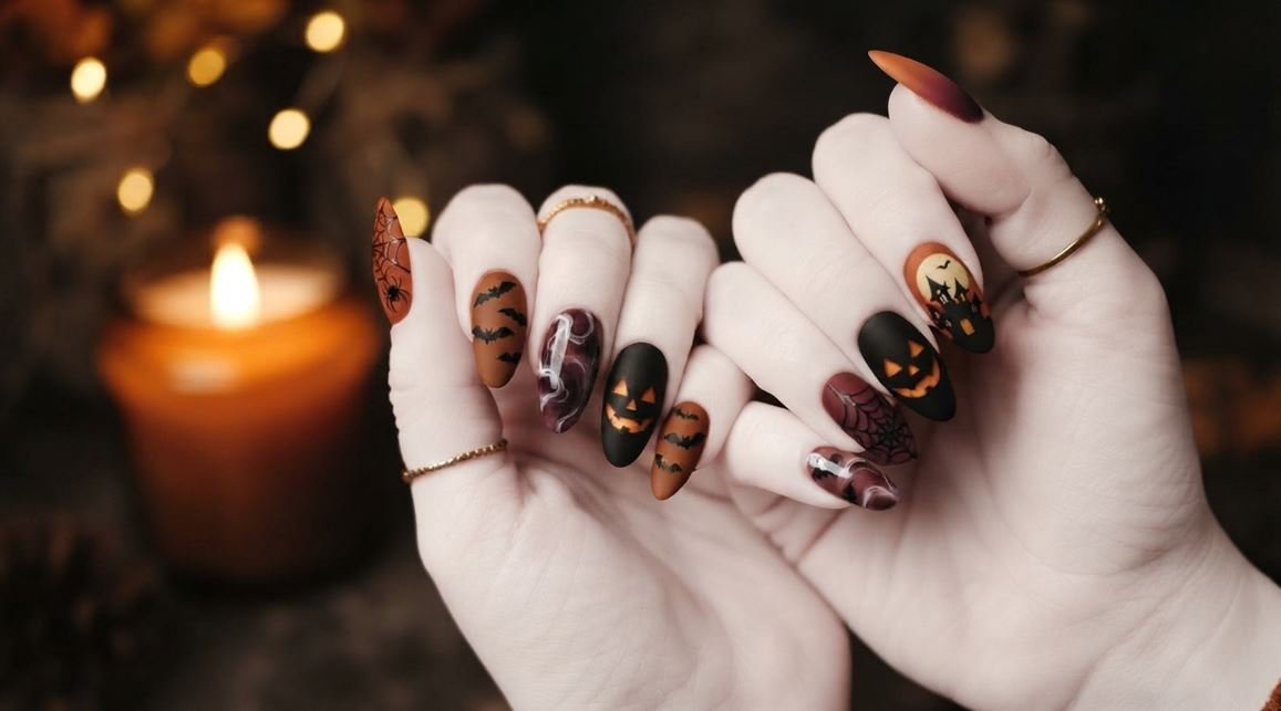 A close-up shot of two 18-year-old female hands with very white skin showing long almond nails with matte Halloween nail art.
