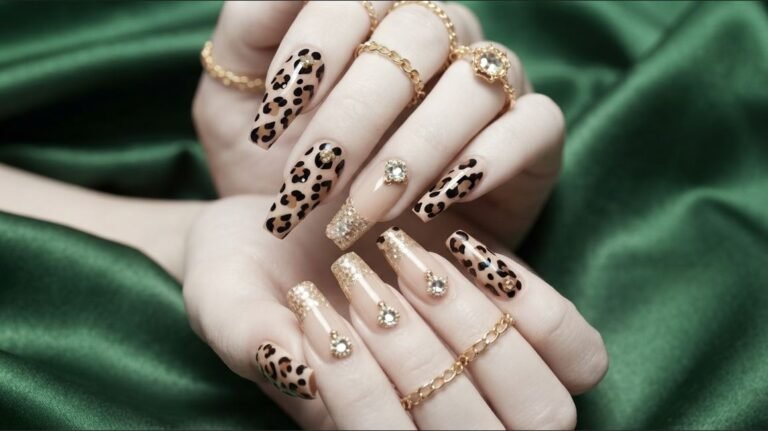 Close up of an 18-year-old female hand with very white skin featuring leopard print coffin nails with gold glitter accents