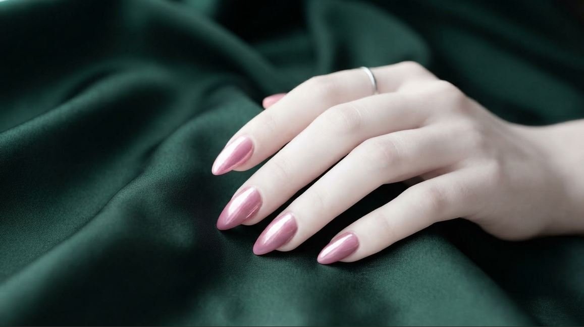 Close-up of an 18-year-old female hand with very white skin showcasing glossy pink chrome almond-shaped nails against ivory silk.