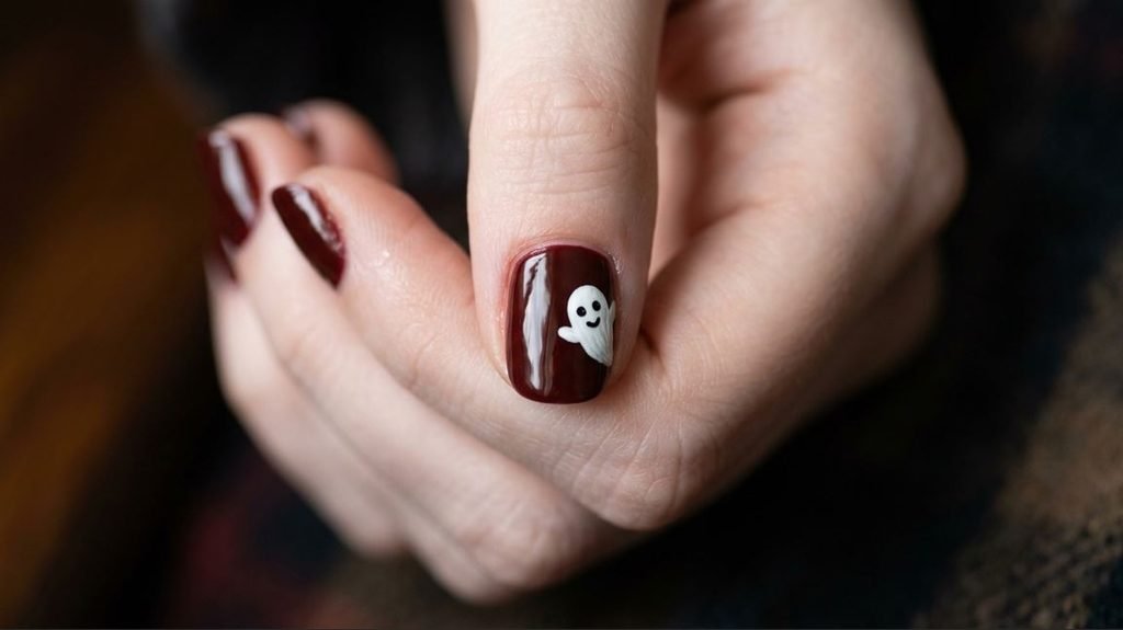 Macro photography of a painted white ghost character peeking from the edge of a deep red almond nail on an 18-year-old female hand.