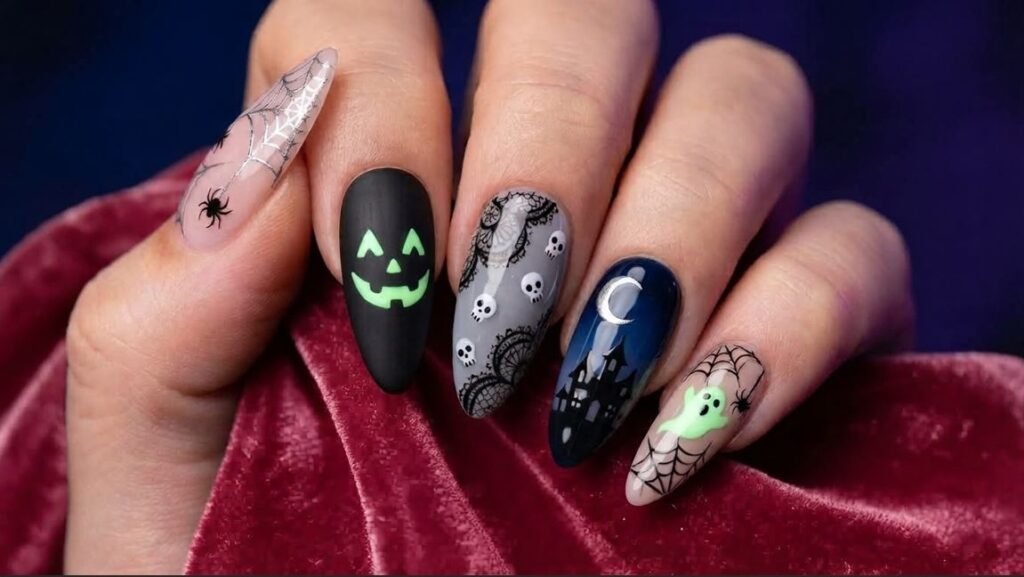 Long coffin nails with various Halloween character designs painted on an 18-year-old female hand with white skin.
