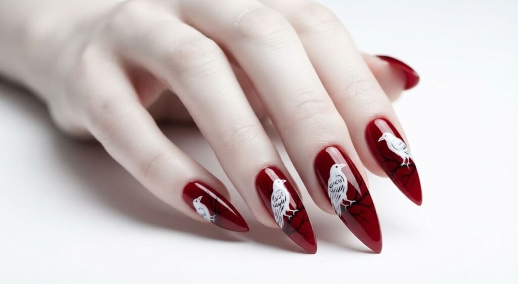 Black raven silhouette painted on a blood-red long stiletto nail on a female hand with white skin