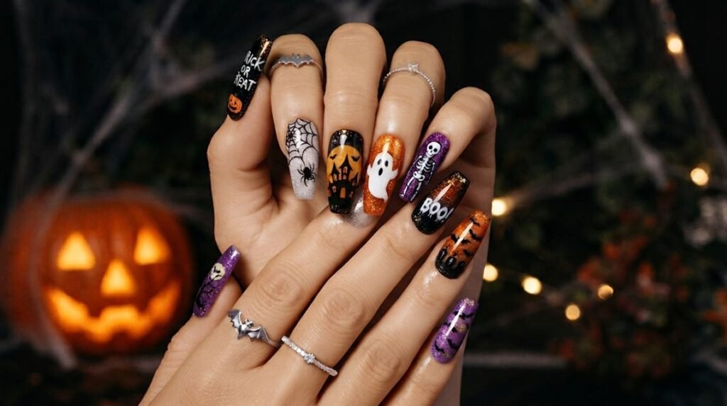Close-up photograph of long coffin nails with detailed mismatched Halloween nail art designs