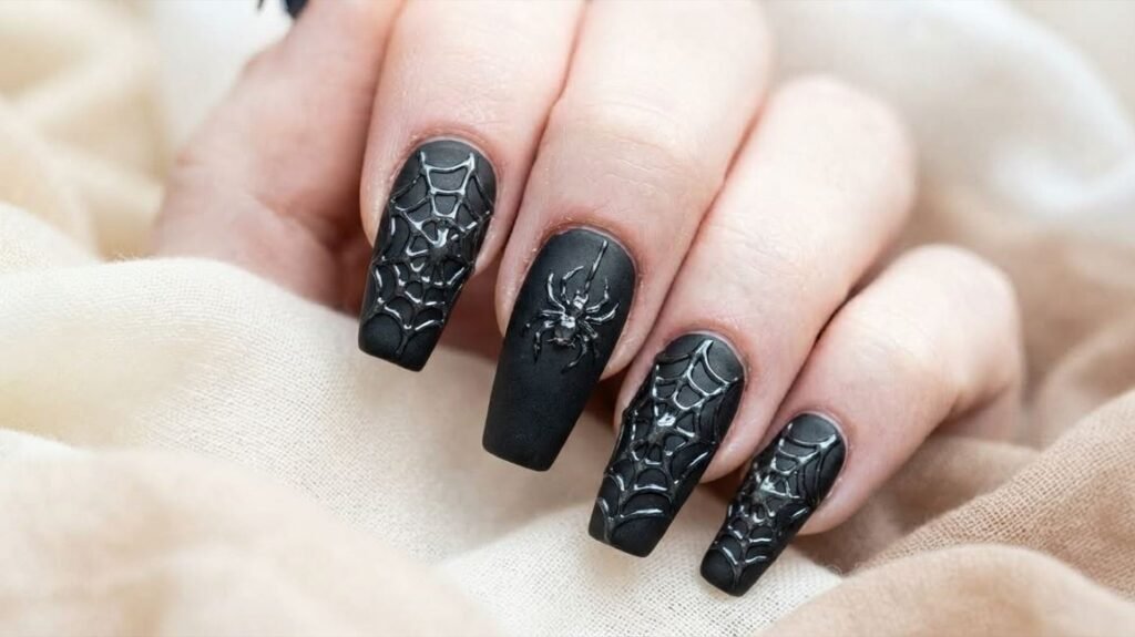 Matte black coffin nails with clear raised 3D gel spiderwebs on smooth white female hand.