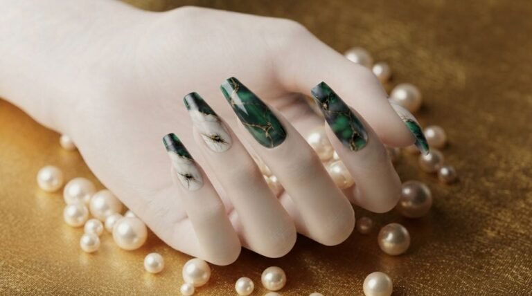 Close-up of coffin nails with green jade marble art and gold details on fair skin.