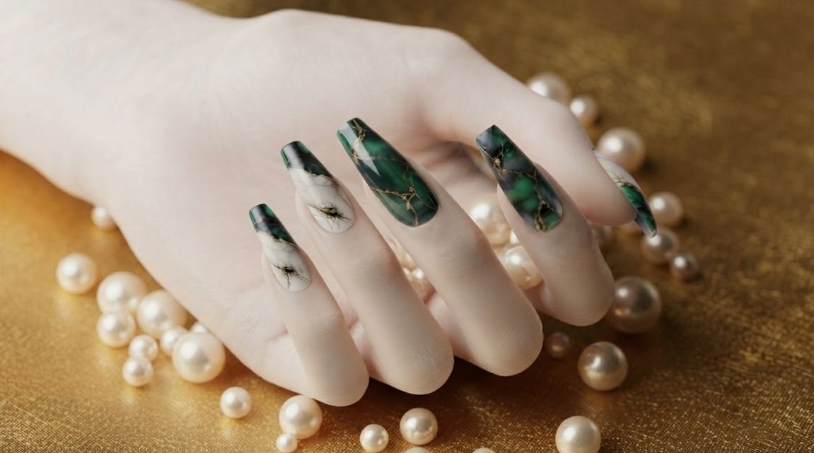 Close-up of coffin nails with green jade marble art and gold details on fair skin.