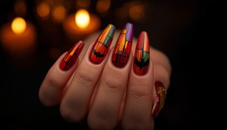 Highly detailed close-up photography of almond-shaped stained glass halloween nails featuring jewel tones and gold outlines on an 18-year-old female hand with very white skin against a dark velvet background.