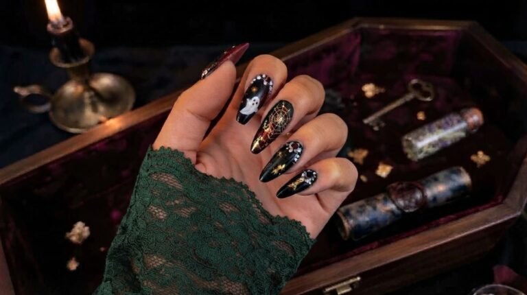Close-up of an 18-year-old female hand with white skin showing long burgundy and black coffin nails with gold accents against dark teal velvet.