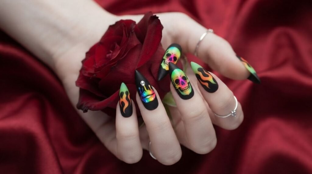 Close-up of 18 year old female hand with very white skin showing long stiletto nails with neon skull artwork on matte black polish