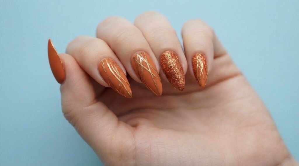Terracotta orange shimmery almond nails on 18-year-old female hand with very white skin tone.