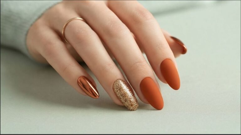 Close-up of 18-year-old female hand with very white skin showing burnt orange almond nails with copper chrome and gold glitter.