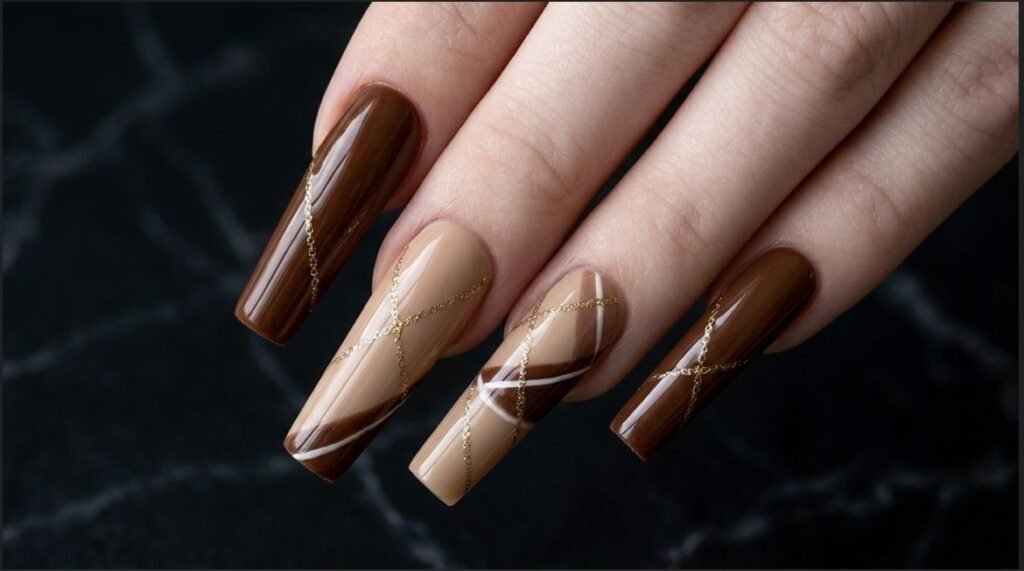 Feature image showing an 18-year-old female hand with very white skin displaying chocolate brown and gold almond nails.