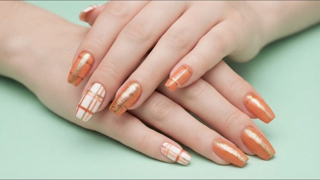 Burnt orange gel almond nails on 18-year-old female white hand beside a dark UV lamp.