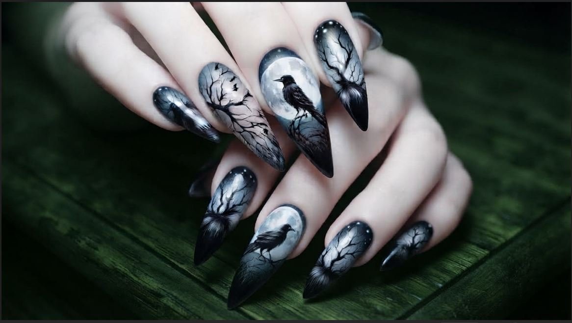 Close-up of stiletto nails with raven silhouette and full moon art on a white female hand.