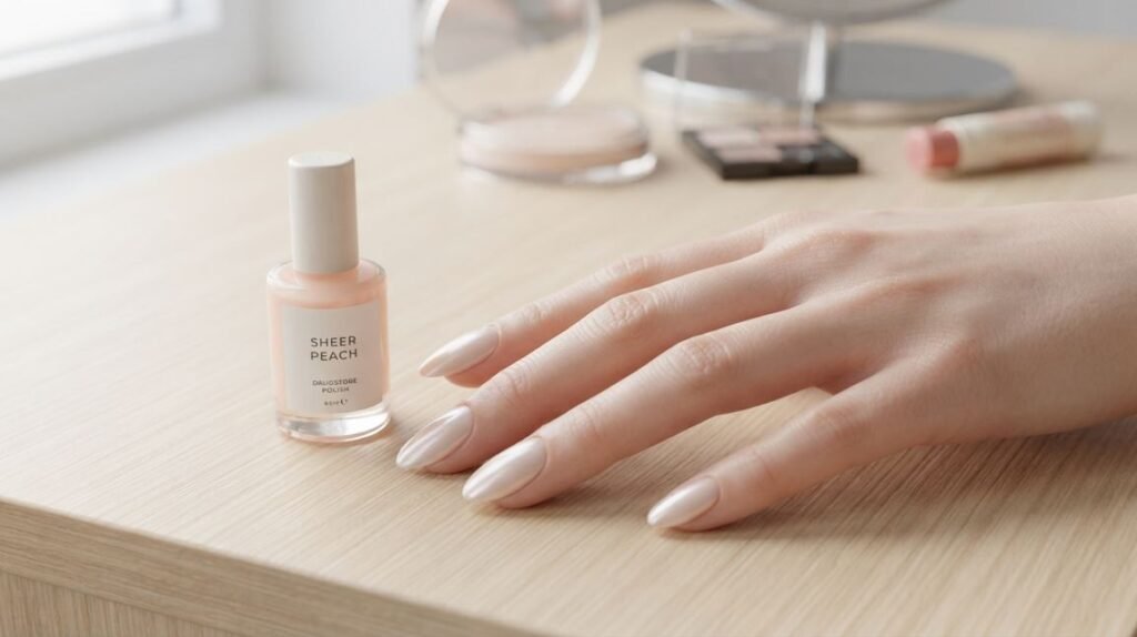 Hand wearing milky nude glazed almond press-on nails next to an unbranded polish bottle.