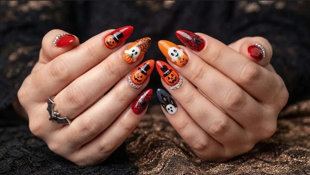 Close-up photograph of an 18-year-old female hand with very white skin showing almond nails decorated with pumpkins, ghosts, spiderwebs, and rhinestones.
