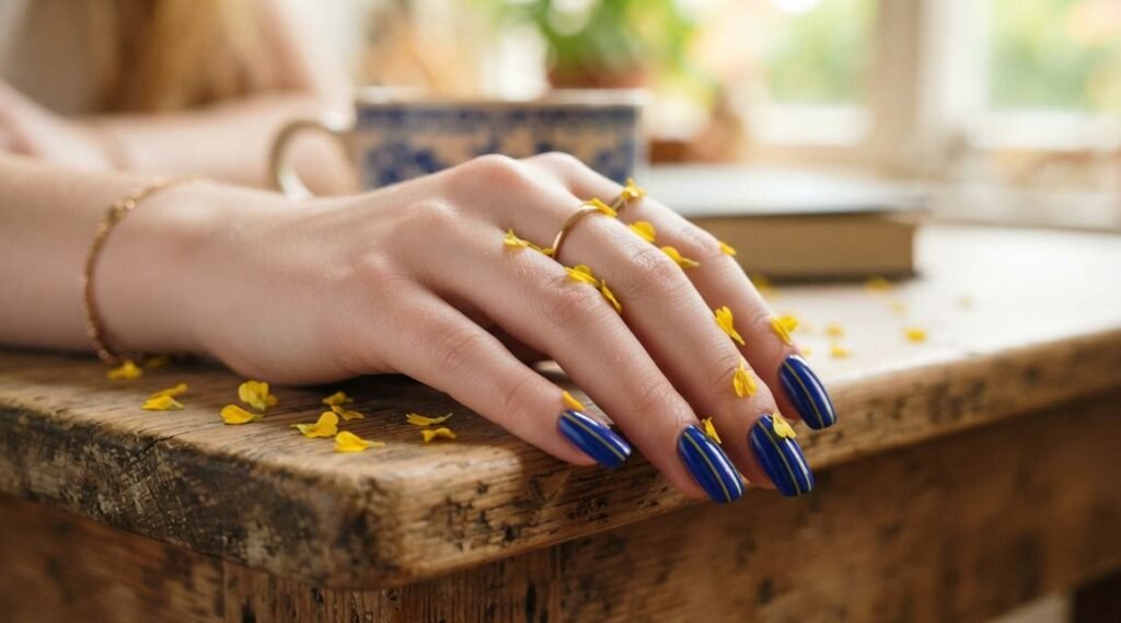 Long almond nails decorated with thin yellow pinstripes and loose yellow sunflower petals over cobalt blue.