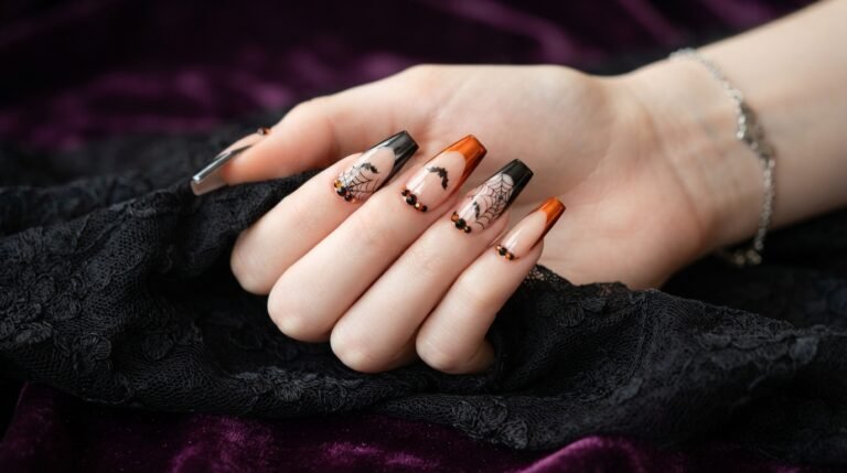 Female hand with long coffin nails featuring nude base, black and orange chrome French tips, spiderweb art, and tiny bats.