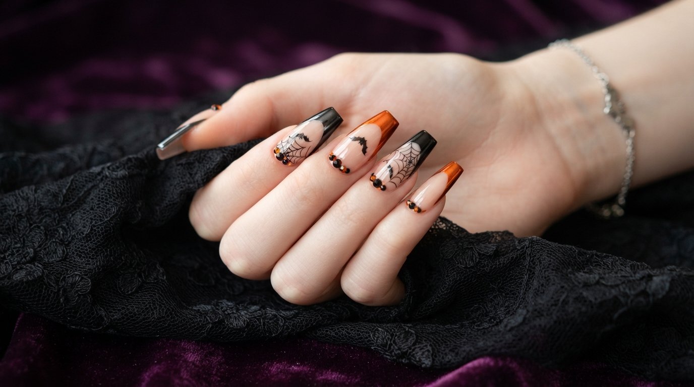 Female hand with long coffin nails featuring nude base, black and orange chrome French tips, spiderweb art, and tiny bats.
