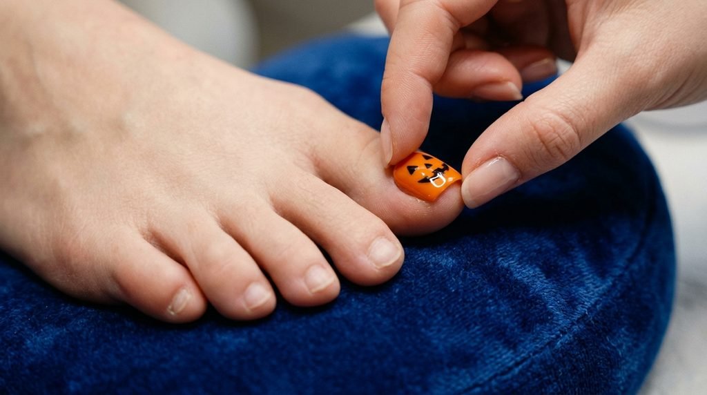 Custom pre-designed Halloween press-on toenail being applied to a big toe on white skin over dark royal blue velvet.