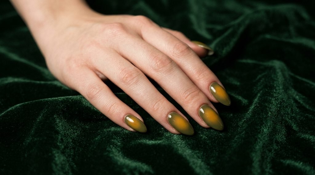Almond nails featuring an olive green base with a soft yellow blooming aura center.