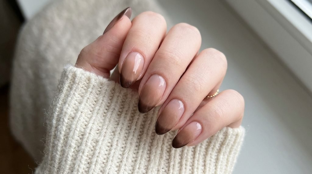 Almond nails with dark brown to latte ombre French tips on a fair-skinned eighteen year old female hand over cream cotton.