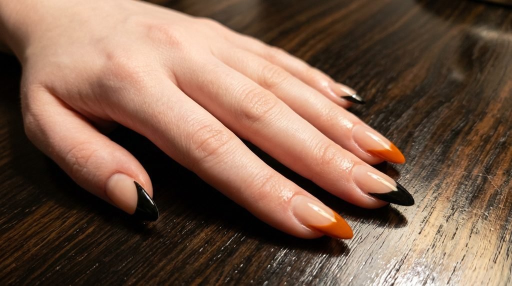 Long almond nails with alternating  orange and glossy black French tips on an 18-year-old pale female hand.