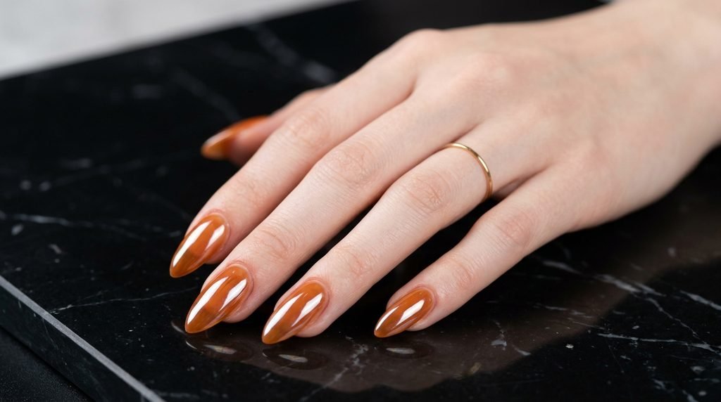 Tapered almond syrup nails on light skin posed against black marble slab.