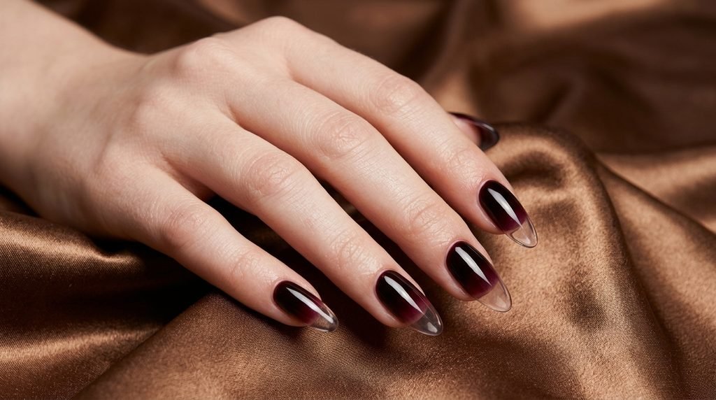 Reverse ombré nail art showing black cherry gel fading out from the cuticle fold toward clear tips against bronze satin.