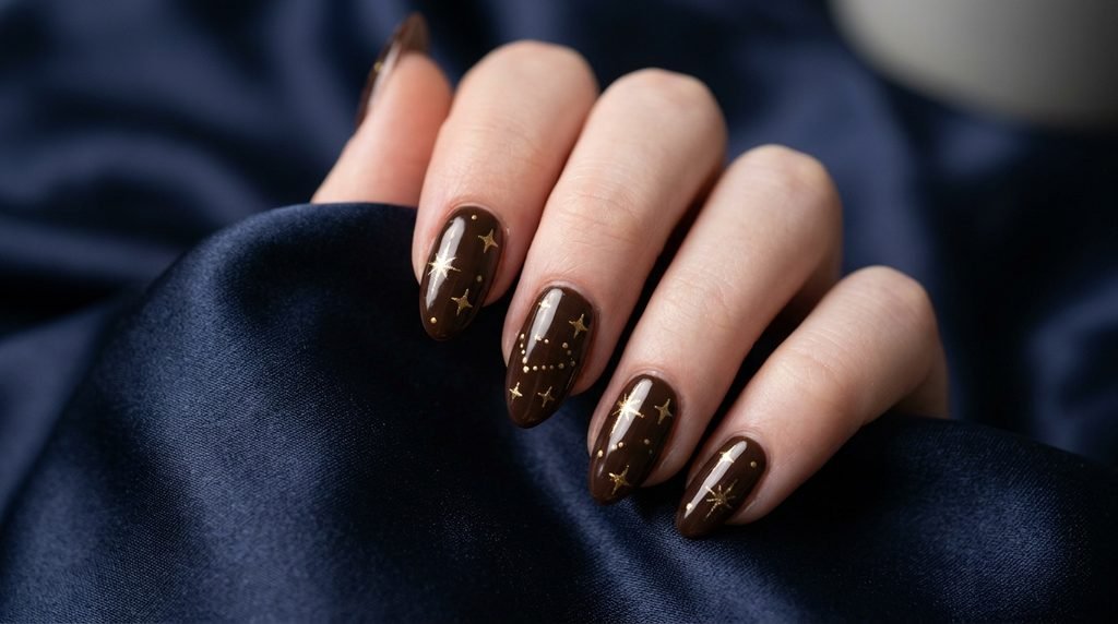 Dark chocolate almond nails decorated with small hand-painted gold stars and moons on an eighteen year old female hand with fair skin over navy satin.