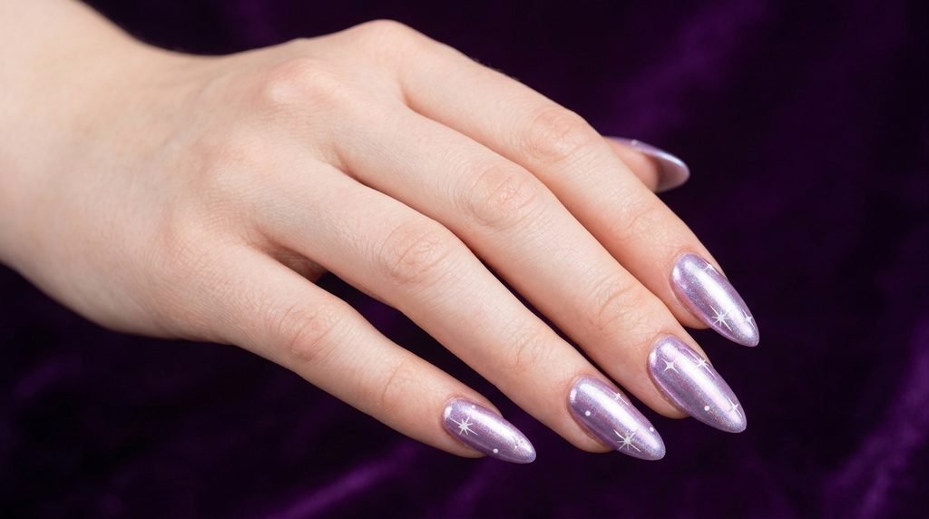Long almond nails with iridescent lavender chrome polish and tiny white sparkles on white skin.